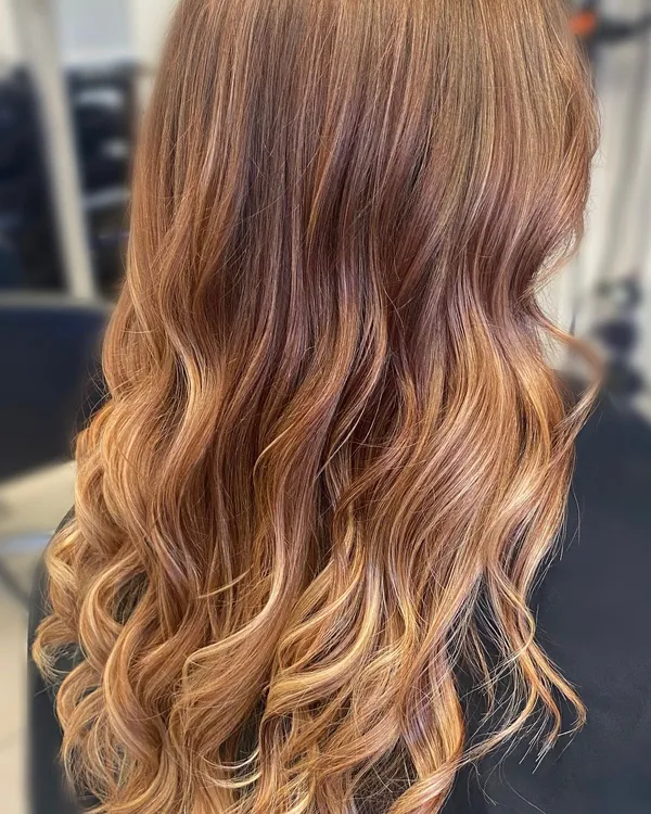 Long brunette hair styled in loose waves with honey-blonde balayage highlights, viewed from behind.