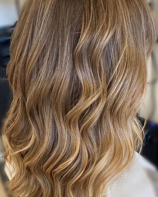 Back view of shoulder-length wavy hair with honey-blonde balayage blending into lighter ends